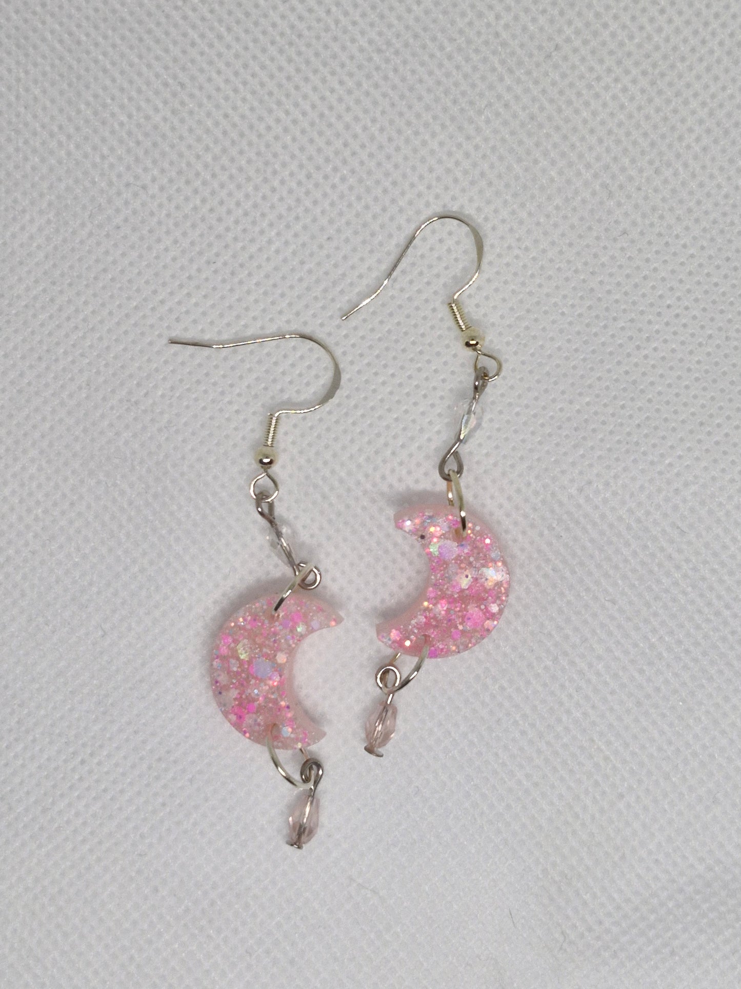 Glitter Pink Crescent Moon Dangle Earrings