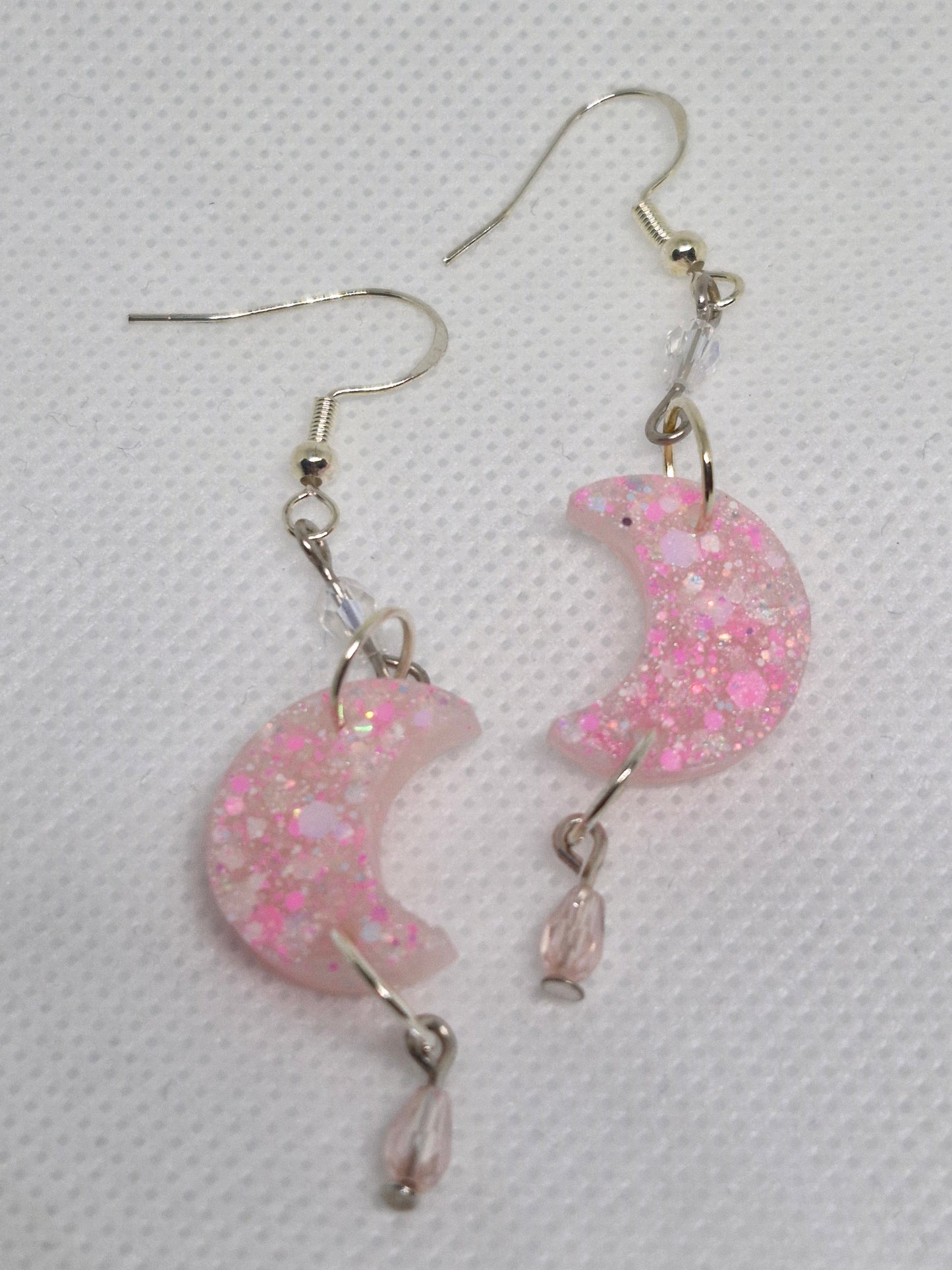 Glitter Pink Crescent Moon Dangle Earrings