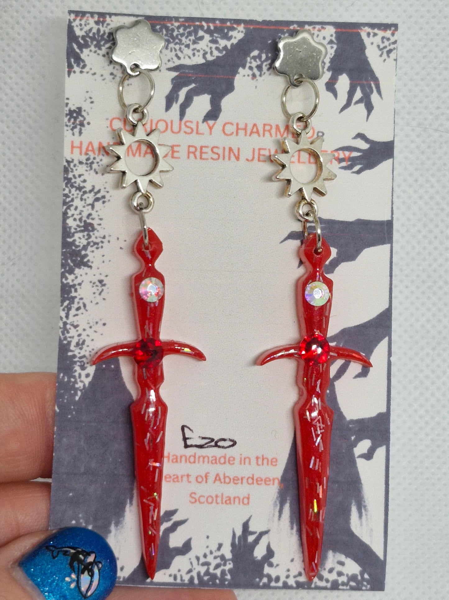 Long Red Glitter Sword Dangle Earrings
