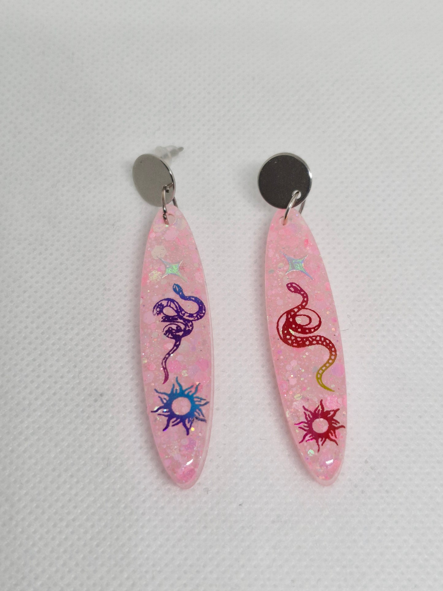 Large Pink Glitter Oblong Spider and sun Dangle Earrings