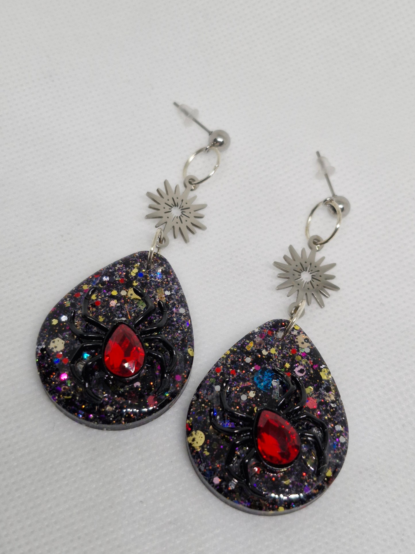 Large Statement Black Glitter Teardrop Spider Dangle Earrings