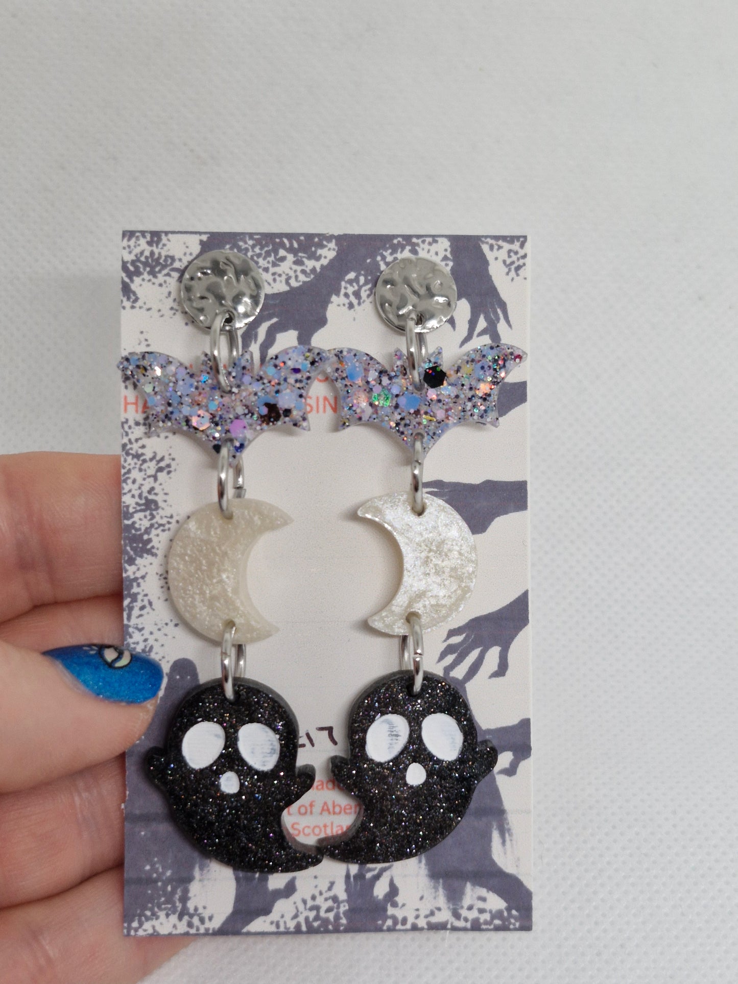 Cute Bat, Moon and Ghost Glitter Dangle Earrings