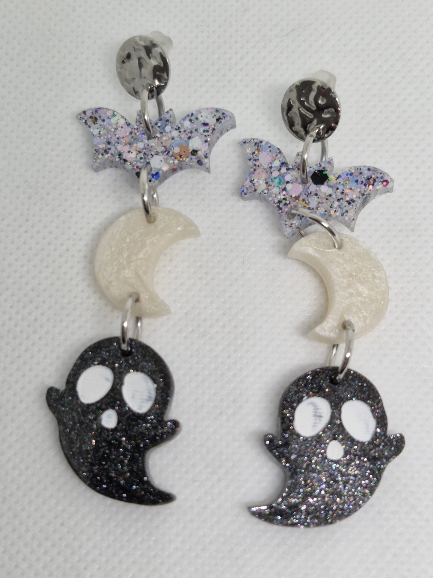 Cute Bat, Moon and Ghost Glitter Dangle Earrings