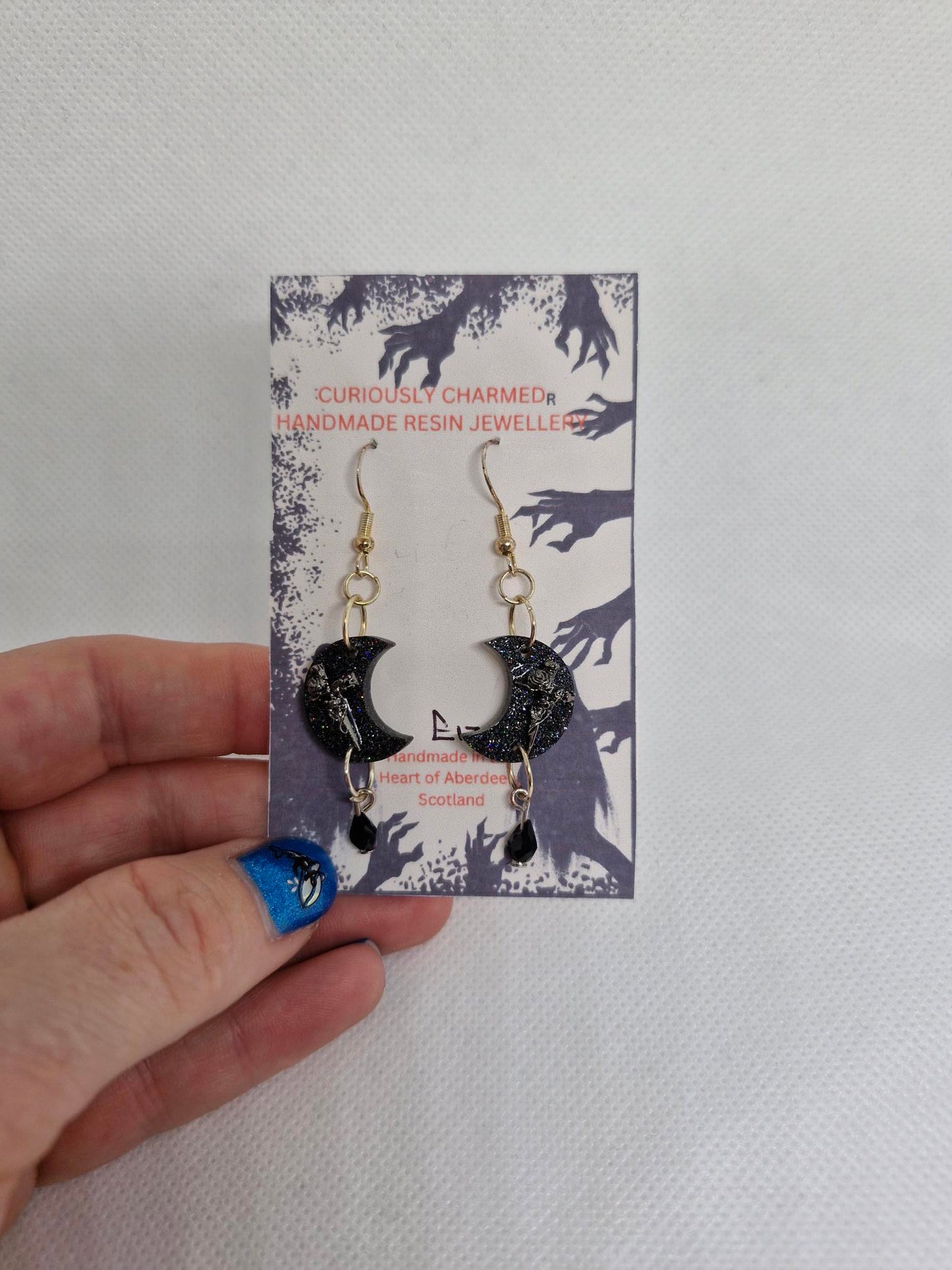 Small Black Glitter Moon Dangle Earrings