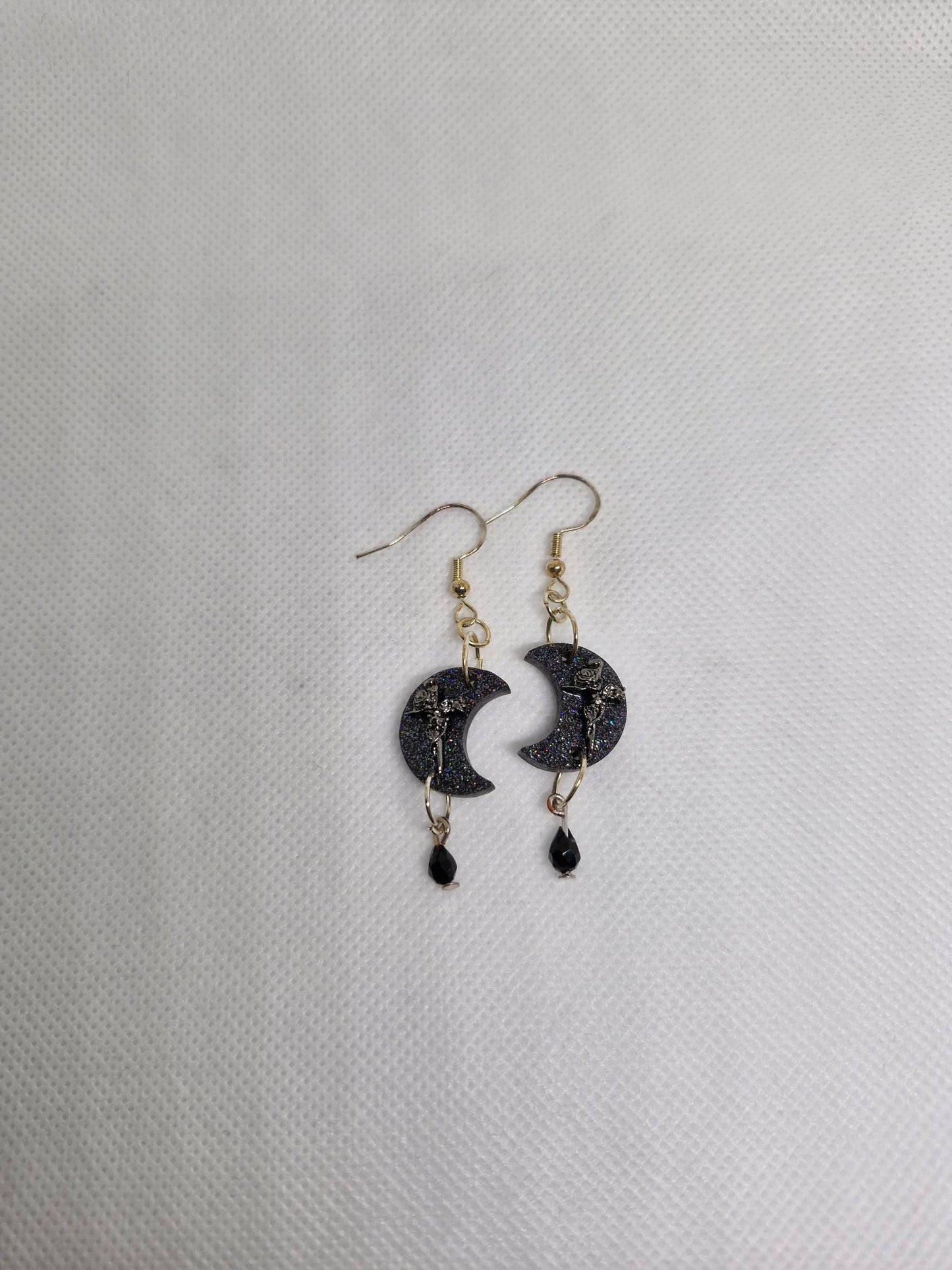 Small Black Glitter Moon Dangle Earrings