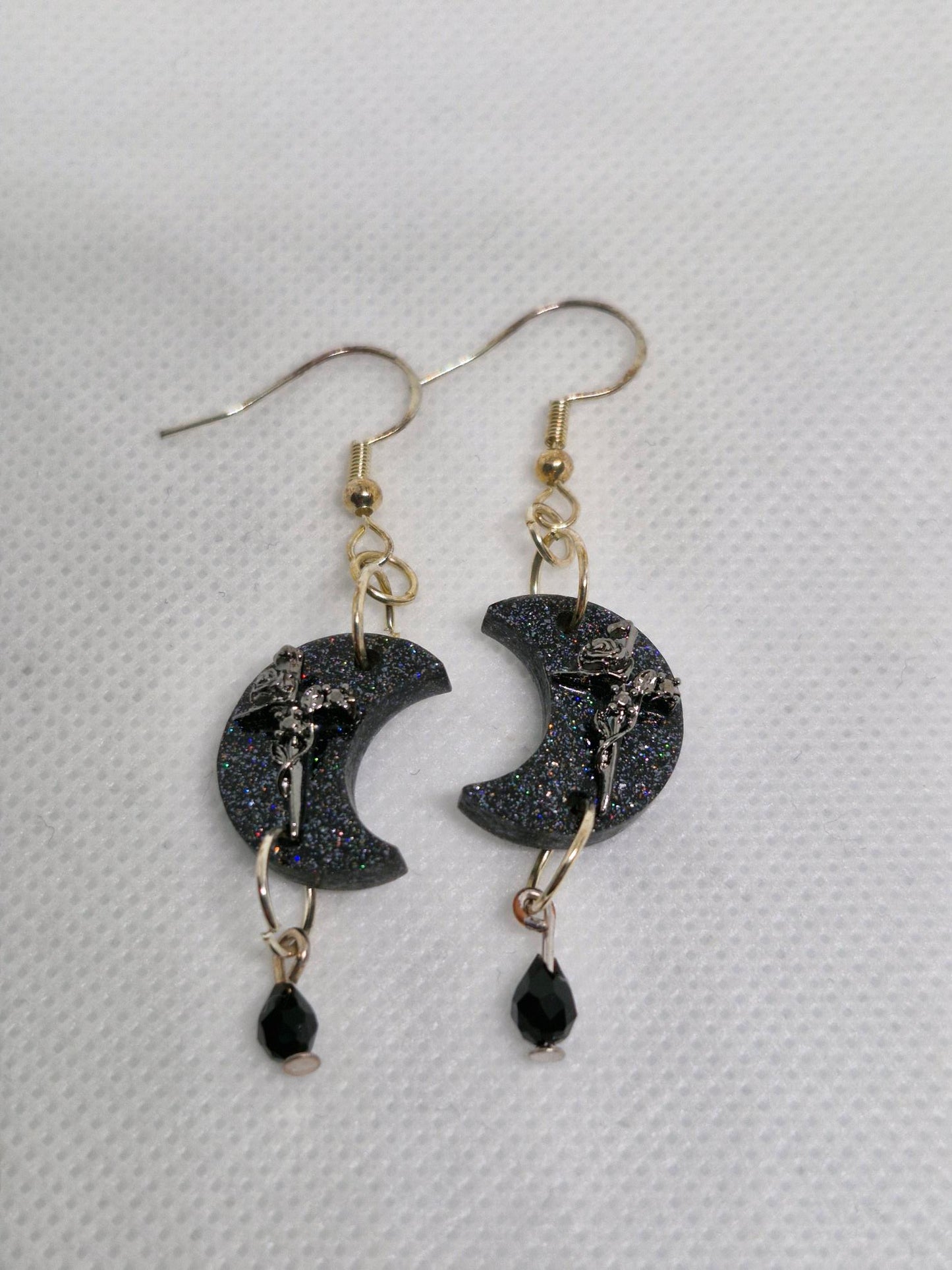 Small Black Glitter Moon Dangle Earrings