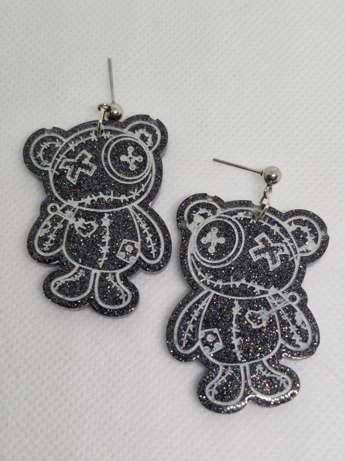 Black Glitter Voodoo Teddy Bear Dangle Earrings