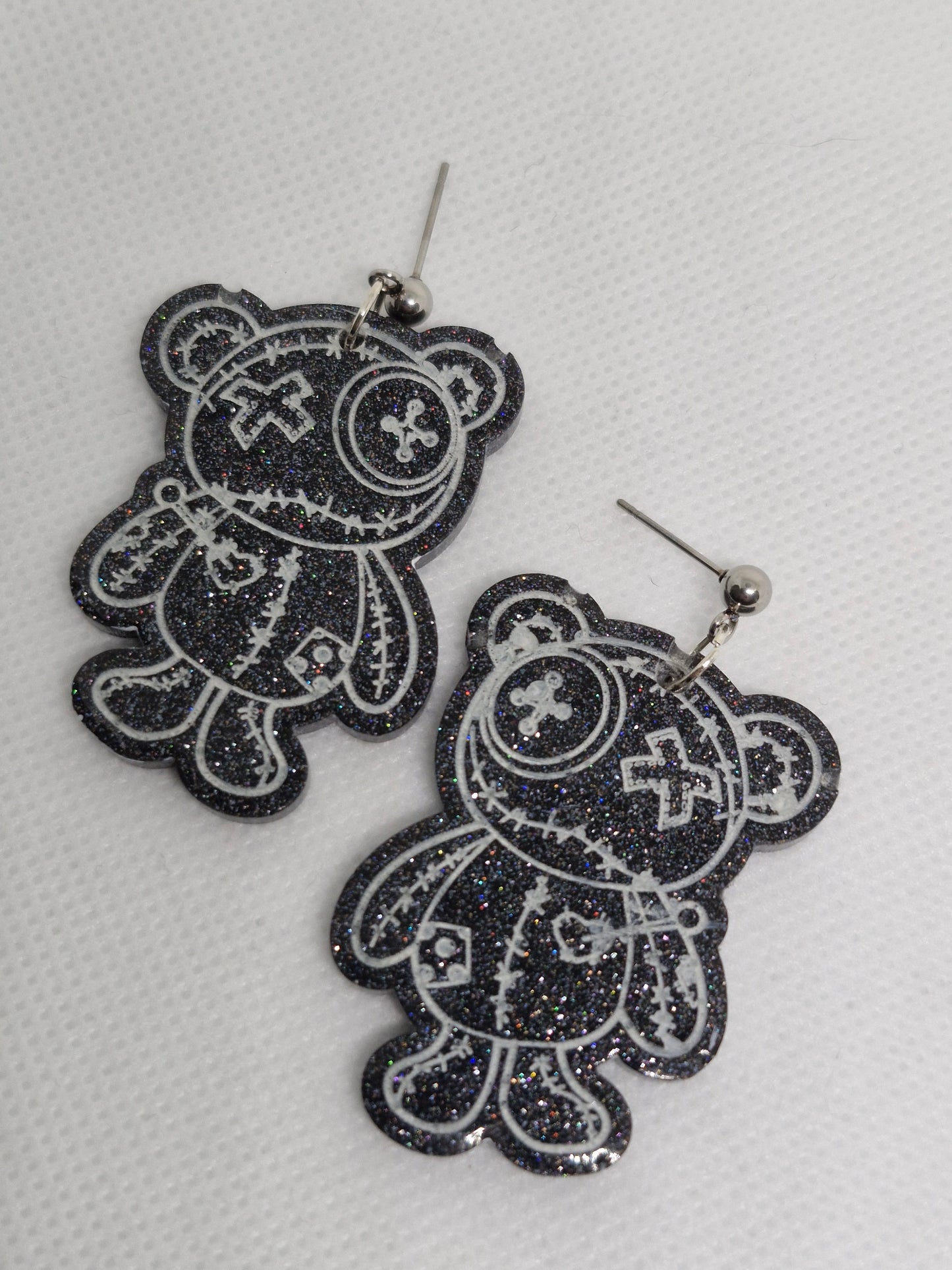 Black Glitter Voodoo Teddy Bear Dangle Earrings