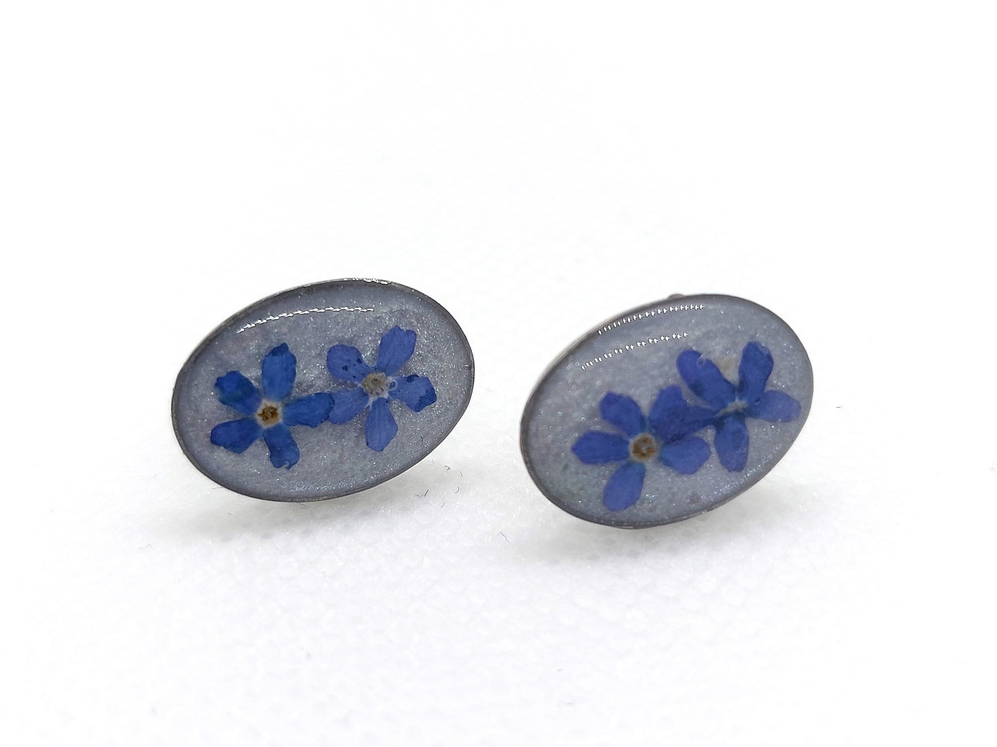 Oval Micro Preserved Double Forget me Not Stud Earrings