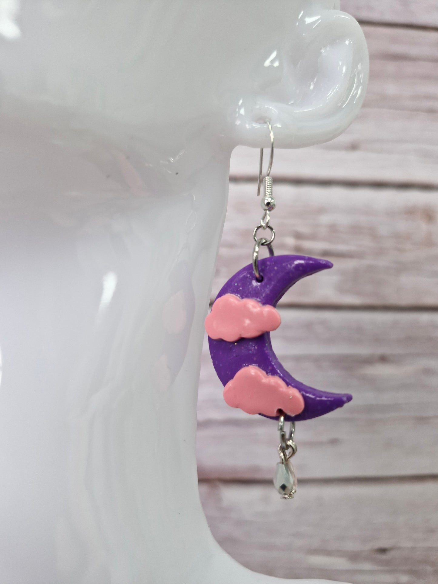 Blue Crescent Moon & Cloud Polymer Clay Dangle Earring