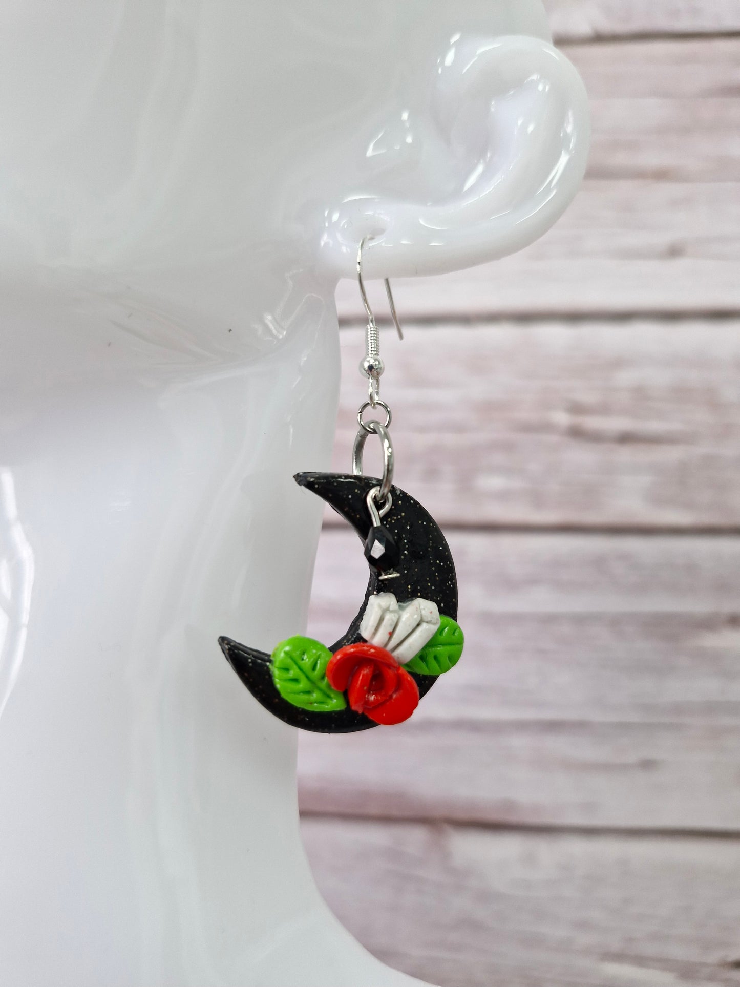 Black Crescent Moon with Rose Polymer Clay Dangle Earring