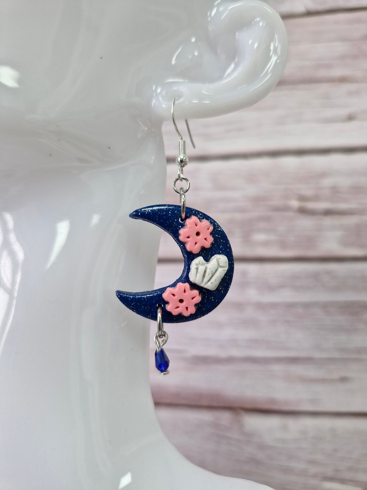 Blue Crescent Moon with Delicate Sakura Flowers and Crystal Dangle Earrings