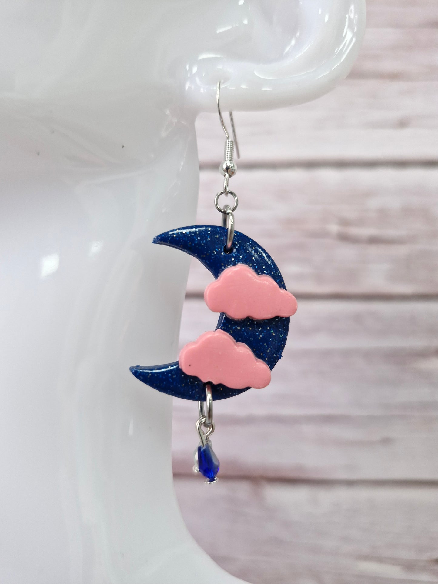 Dark Blue Crescent Moon and Cloud with Crystal Dangle Earrings