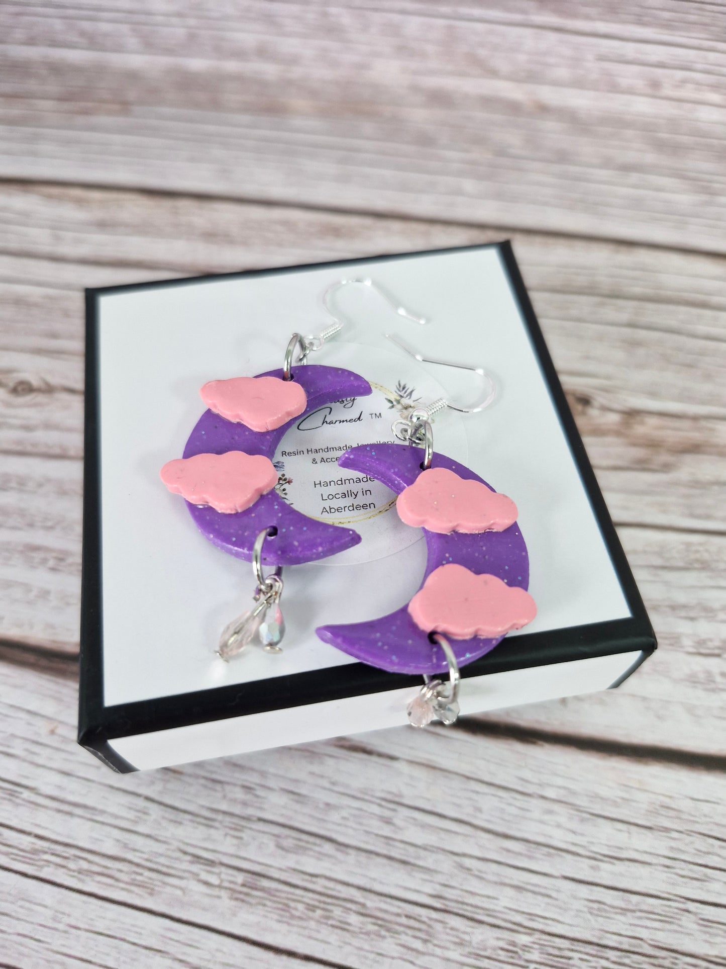 Blue Crescent Moon & Cloud Polymer Clay Dangle Earring