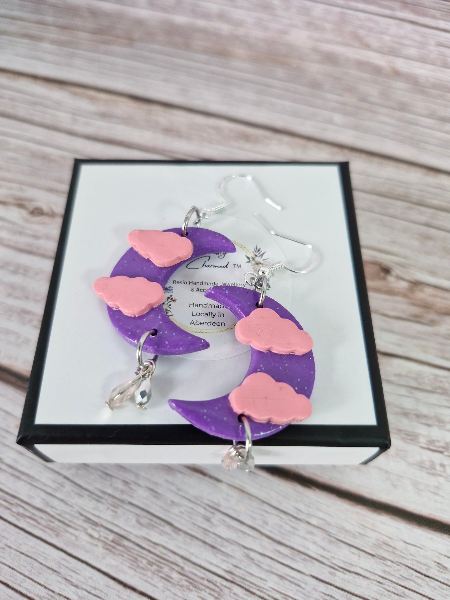 Blue Crescent Moon & Cloud Polymer Clay Dangle Earring