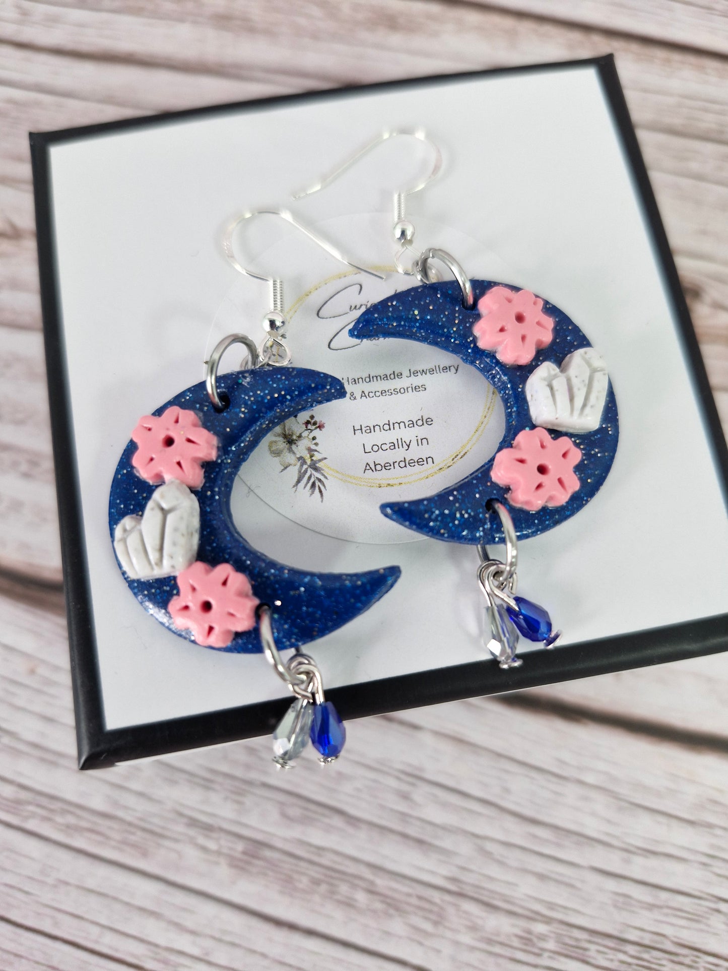 Blue Crescent Moon with Delicate Sakura Flowers and Crystal Dangle Earrings