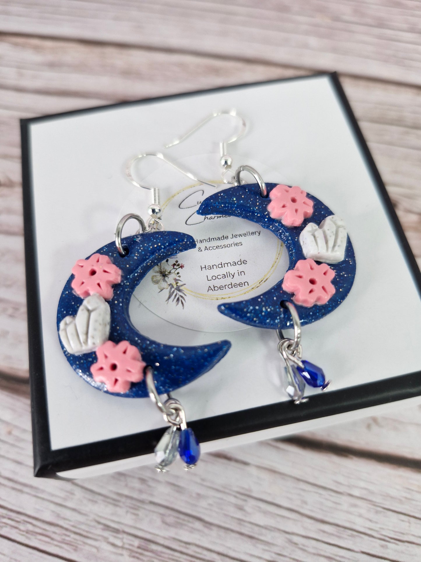 Blue Crescent Moon with Delicate Sakura Flowers and Crystal Dangle Earrings
