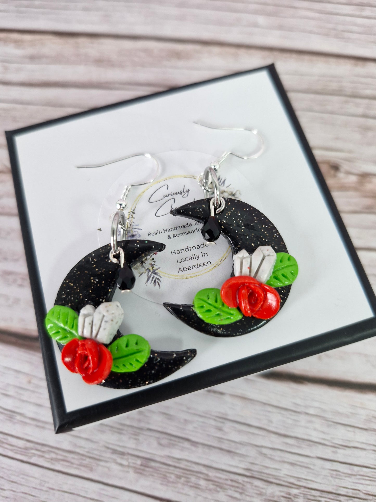Black Crescent Moon with Rose Polymer Clay Dangle Earring