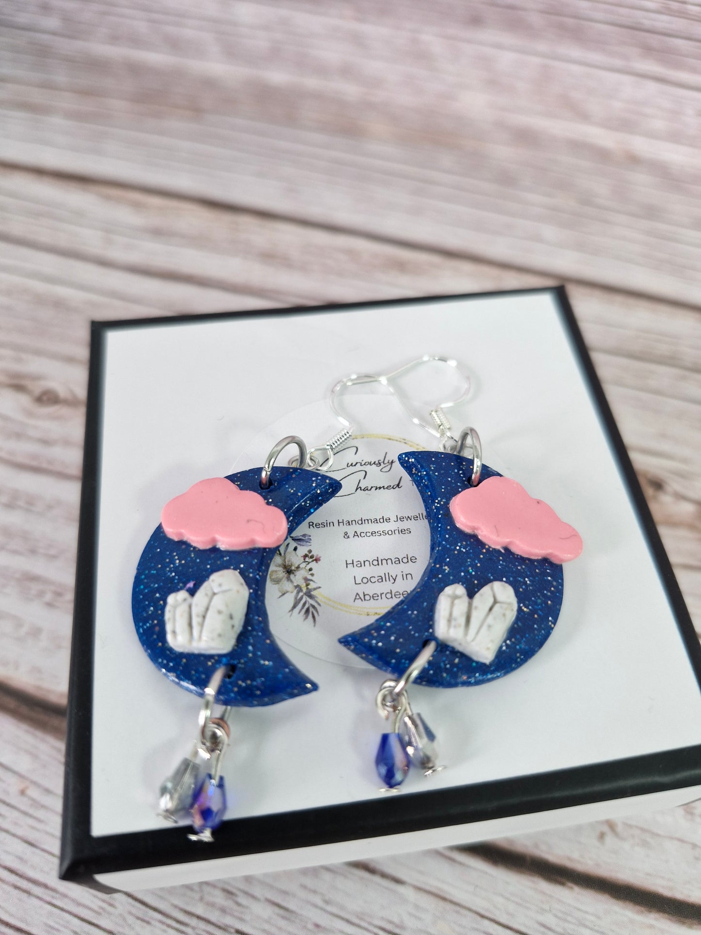 Dark Blue Crescent Moon Cloud and Crystal Polymer Clay Dangle Earrings