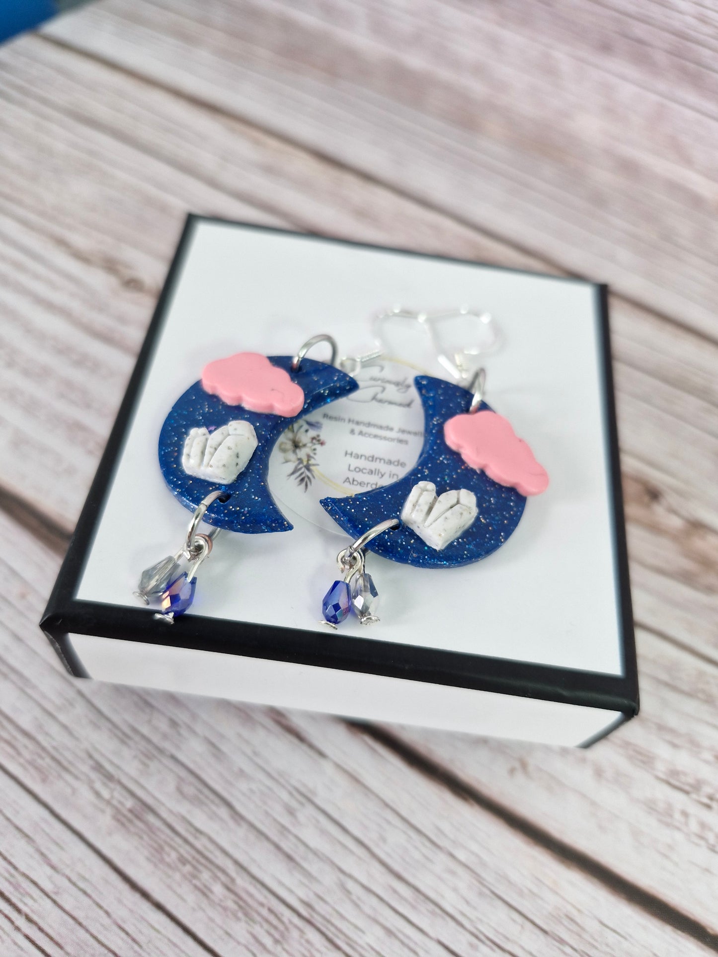 Dark Blue Crescent Moon Cloud and Crystal Polymer Clay Dangle Earrings