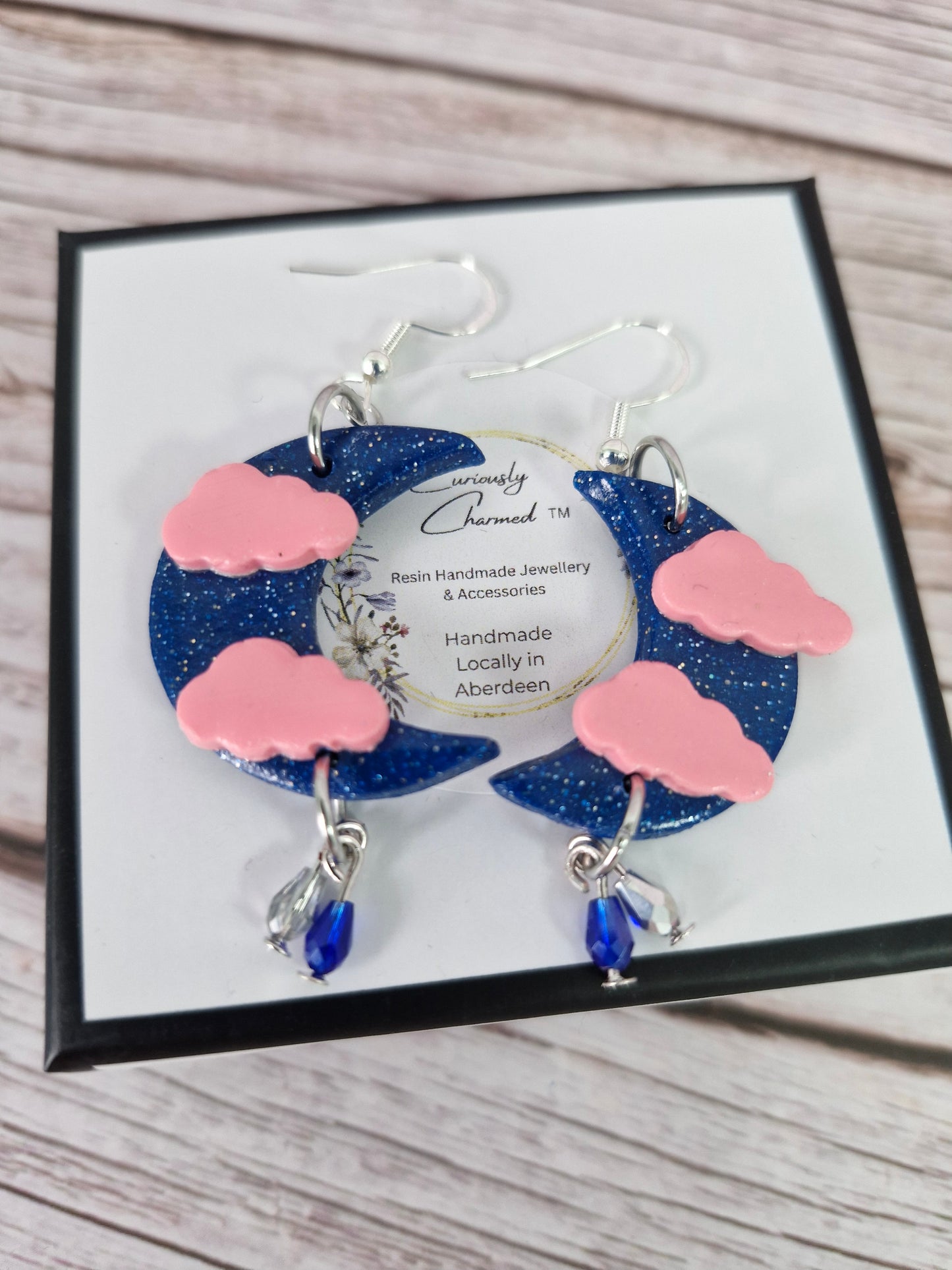 Dark Blue Crescent Moon and Cloud with Crystal Dangle Earrings