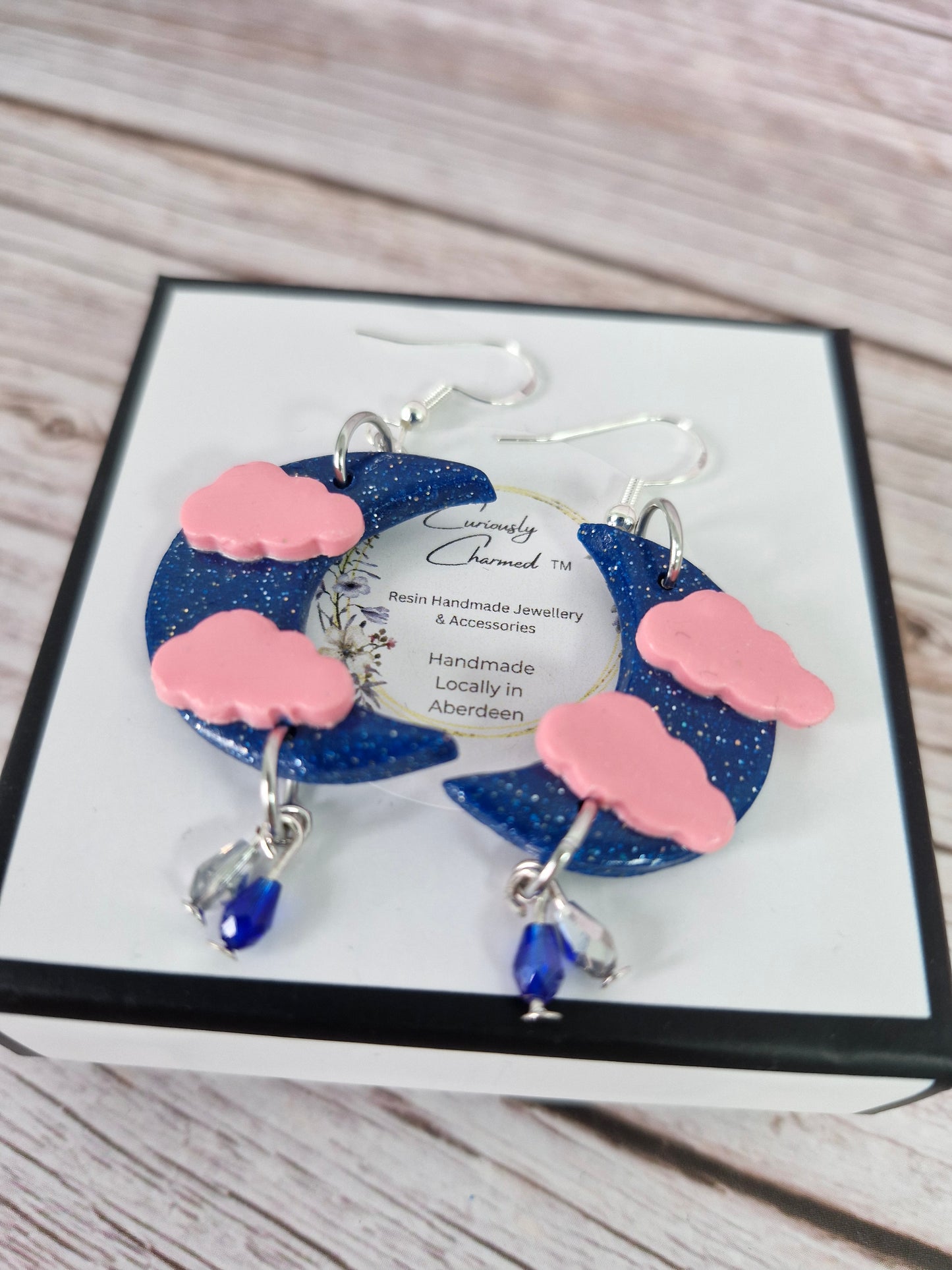 Dark Blue Crescent Moon and Cloud with Crystal Dangle Earrings