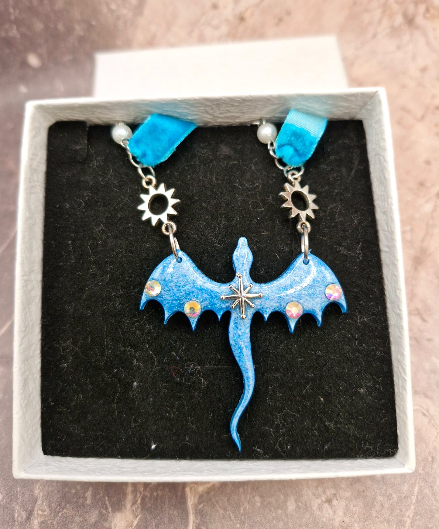 Blue Resin Dragon Pearl and Crystal Chocker Necklace