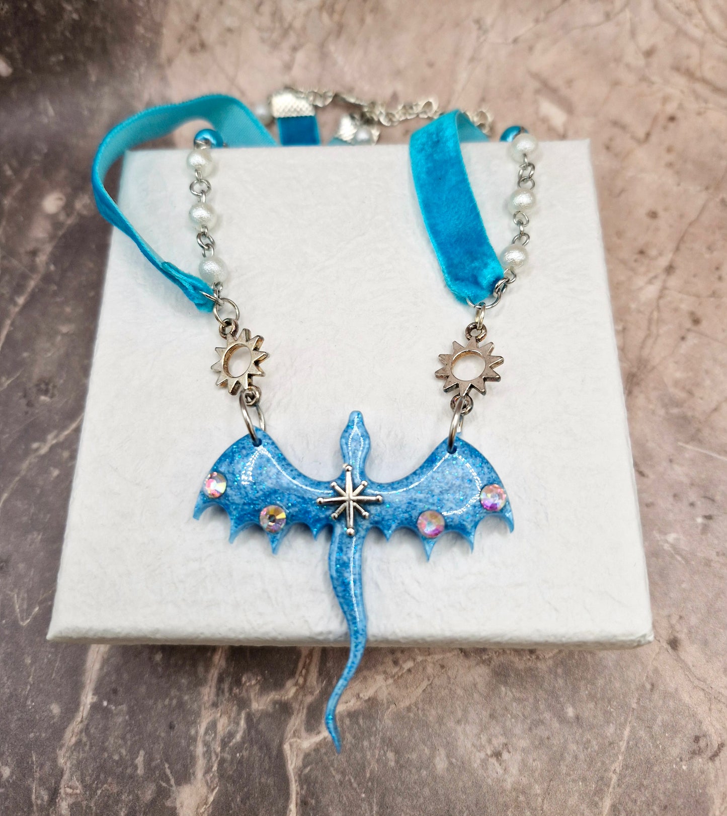 Blue Resin Dragon Pearl and Crystal Chocker Necklace