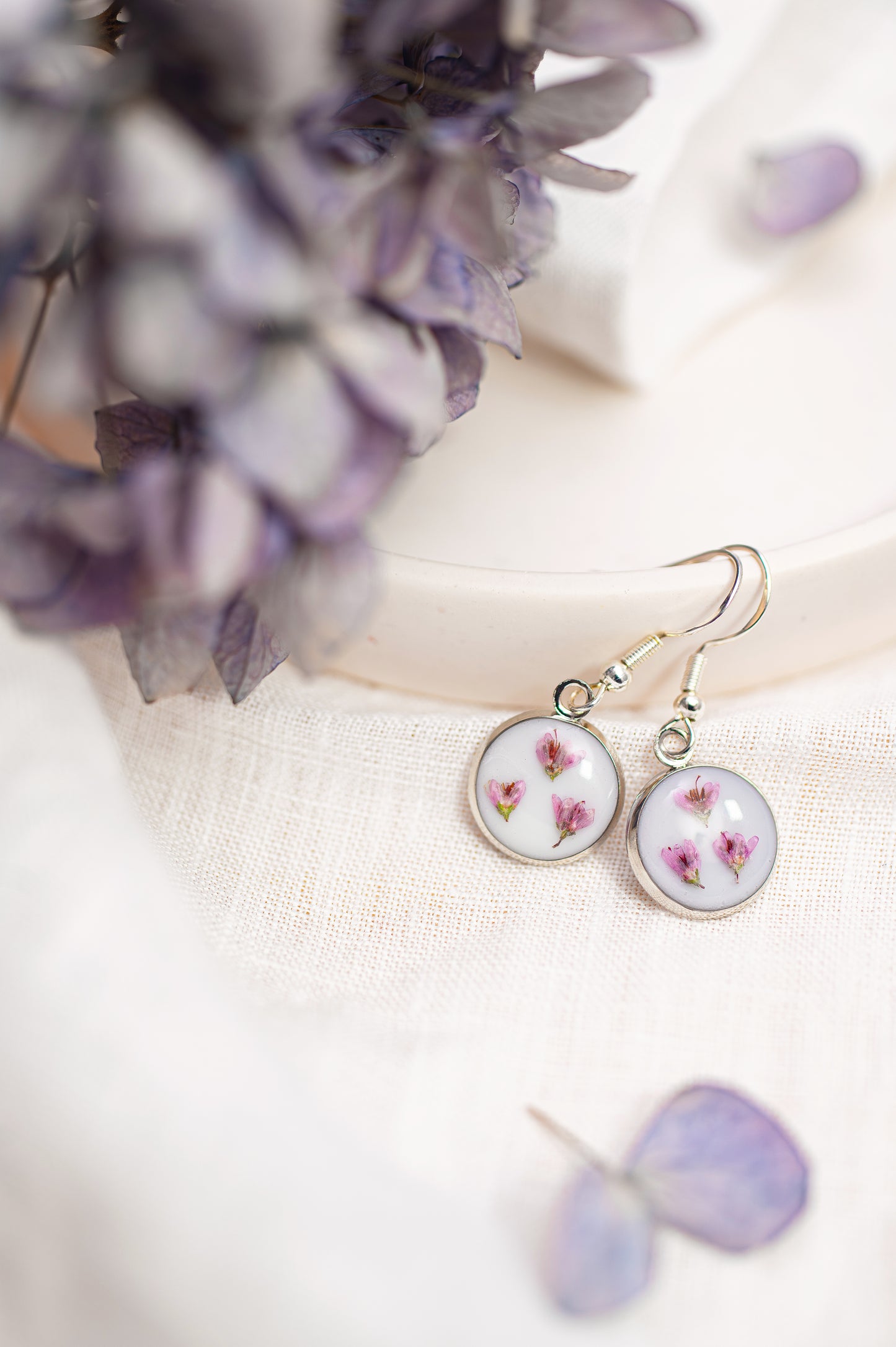 Round Real Dried Heather Petals Dangle Earrings