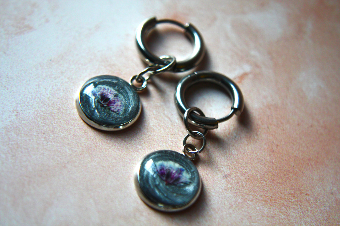 Small Side Pressed Baby's Breath Hoop Dangle Earrings