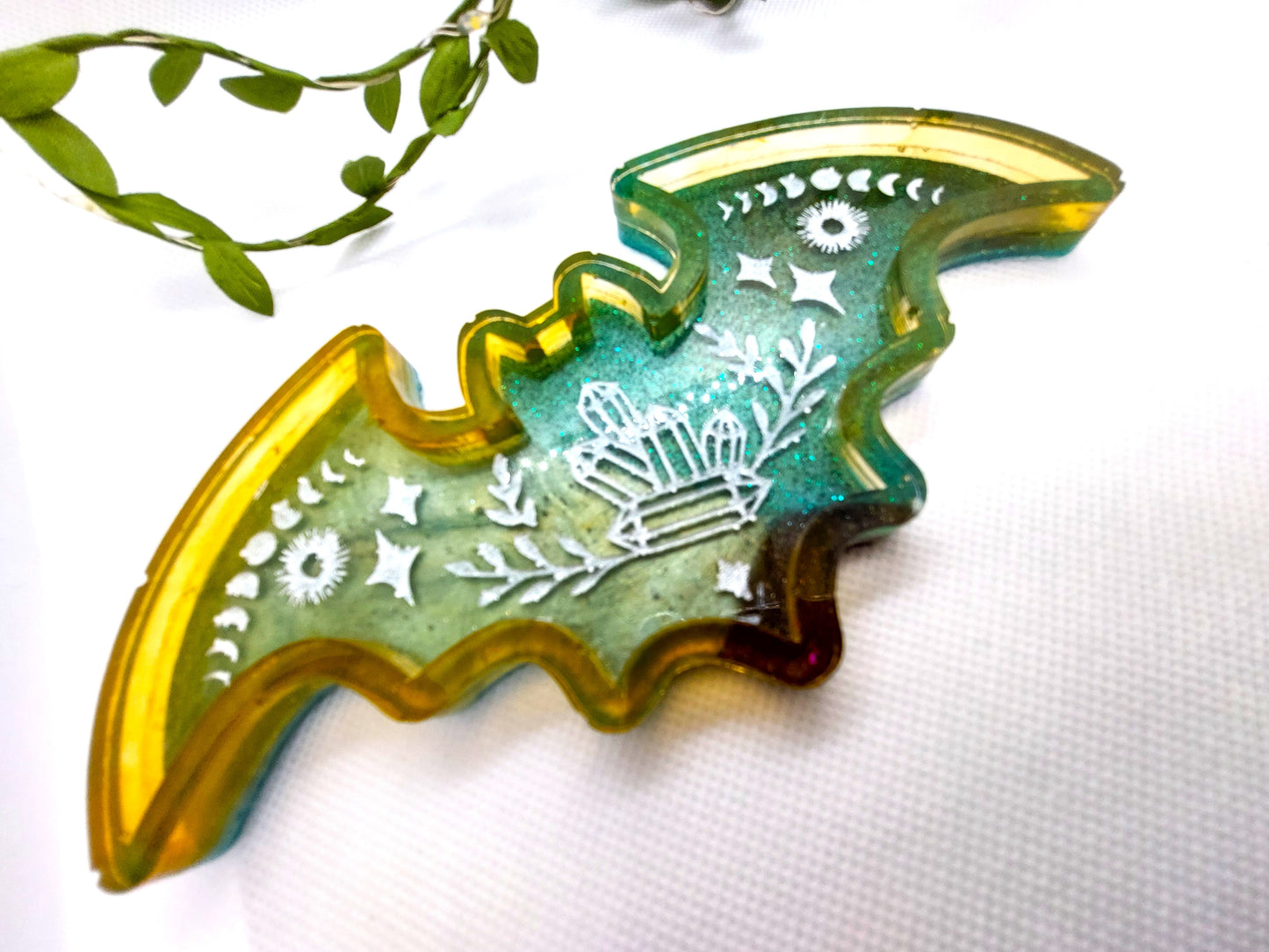 Resin Glitter Ombre Green/Yellow Bat Trinket Tray
