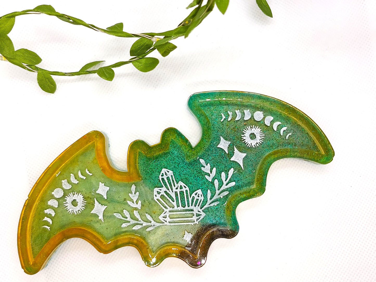 Resin Glitter Ombre Green/Yellow Bat Trinket Tray