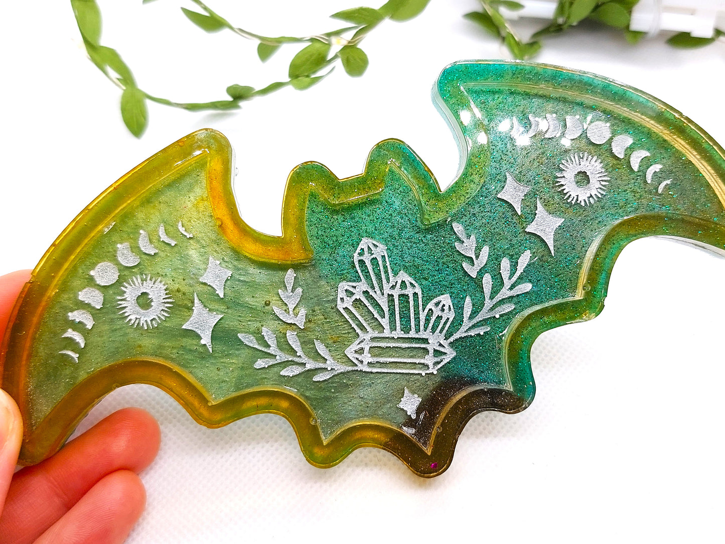 Resin Glitter Ombre Green/Yellow Bat Trinket Tray