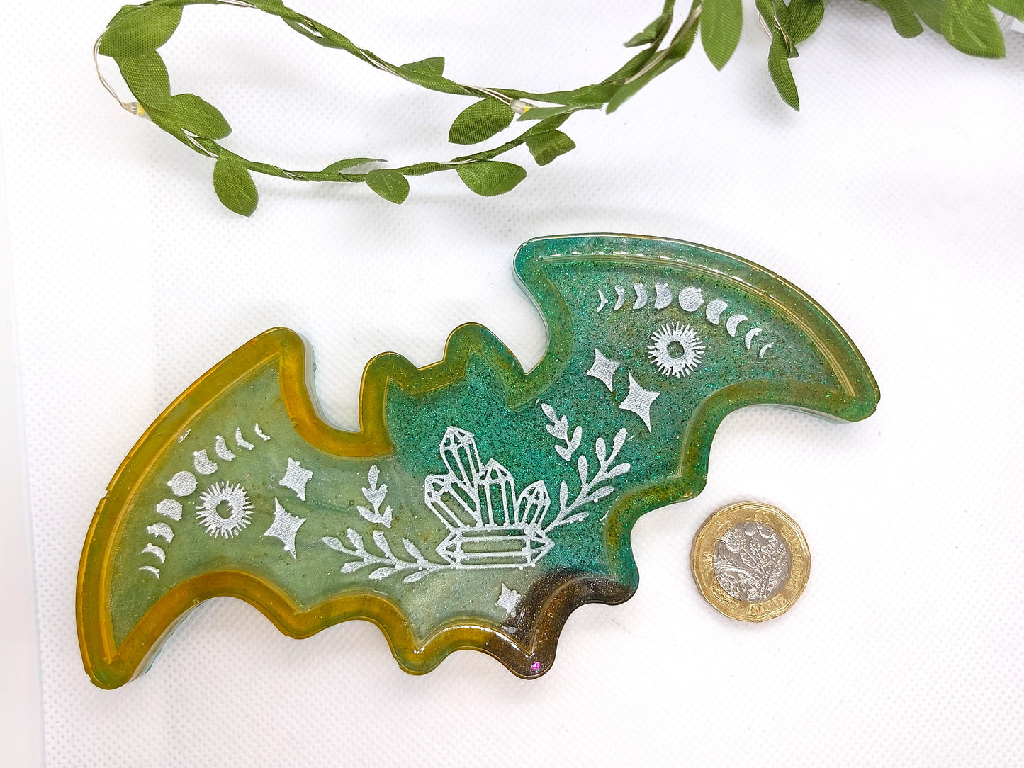 Resin Glitter Ombre Green/Yellow Bat Trinket Tray