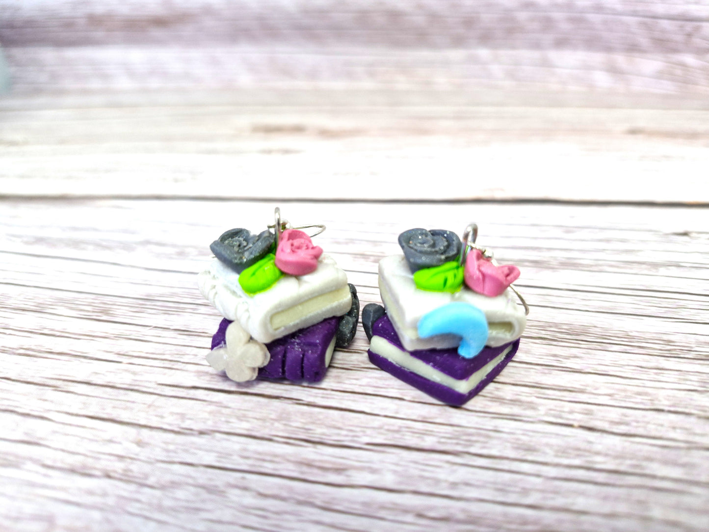 Dark Purple and Cream Bookstack with pink Rose and crystal Charms Dangle Earrings