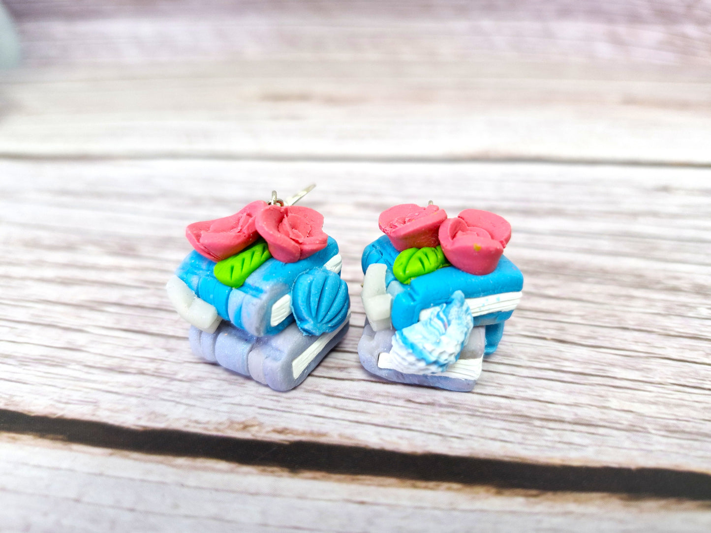 Blue Double Bookstack Ocean Themed with Pink Rose Charms Dangle Earrings