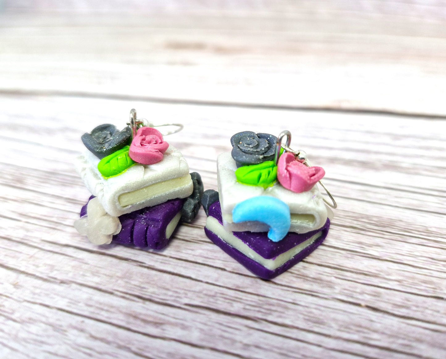 Dark Purple and Cream Bookstack with pink Rose and crystal Charms Dangle Earrings