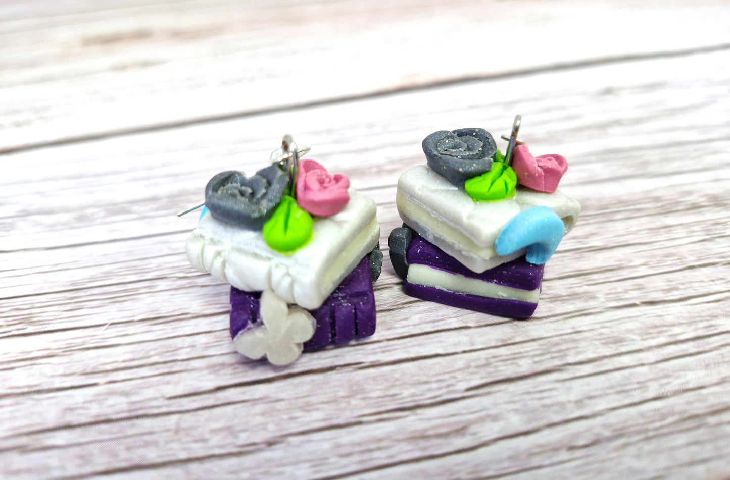 Dark Purple and Cream Bookstack with pink Rose and crystal Charms Dangle Earrings
