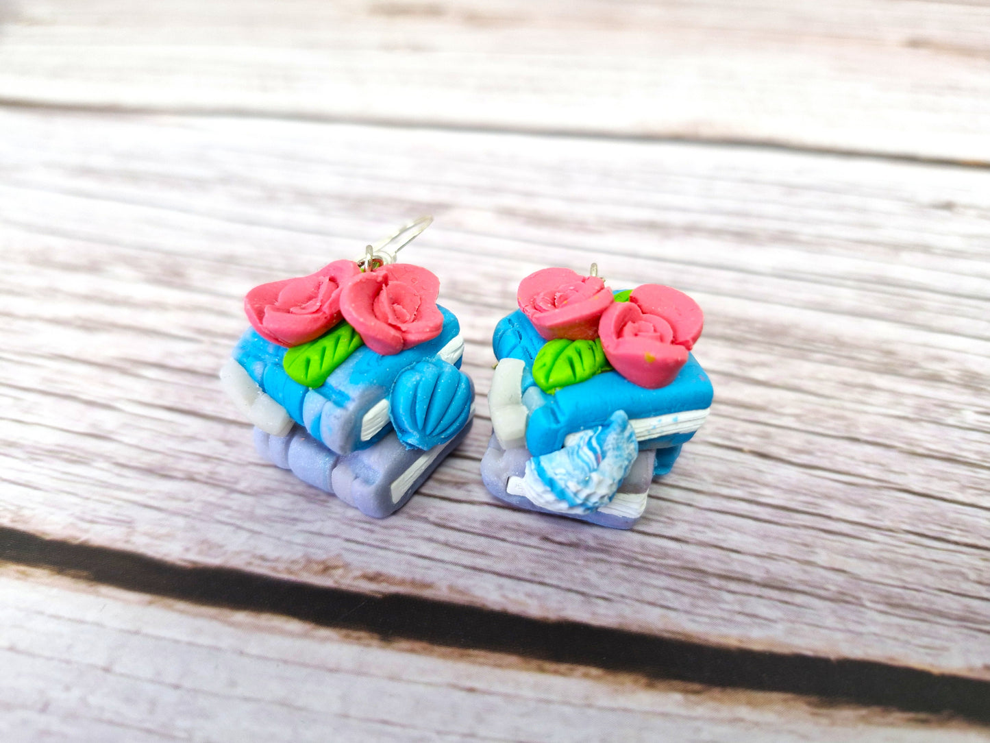 Blue Double Bookstack Ocean Themed with Pink Rose Charms Dangle Earrings