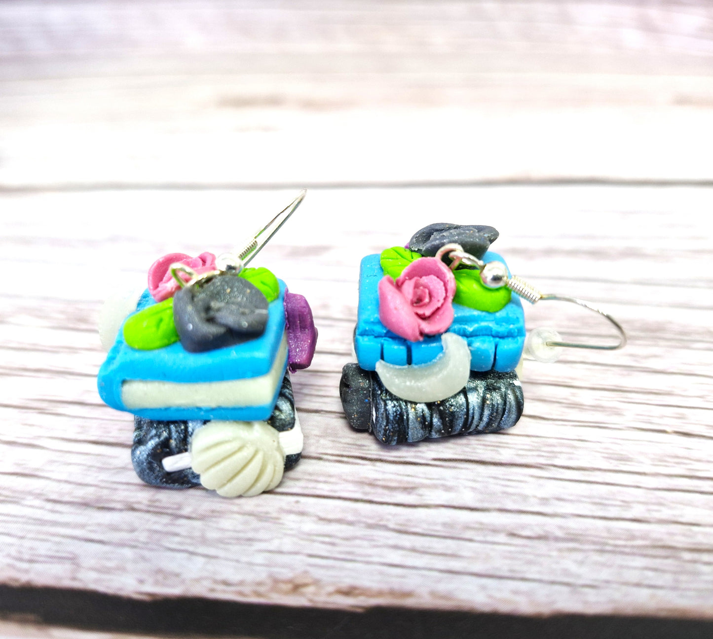 Blue and Black Bookstack Polymer Clay Earrings
