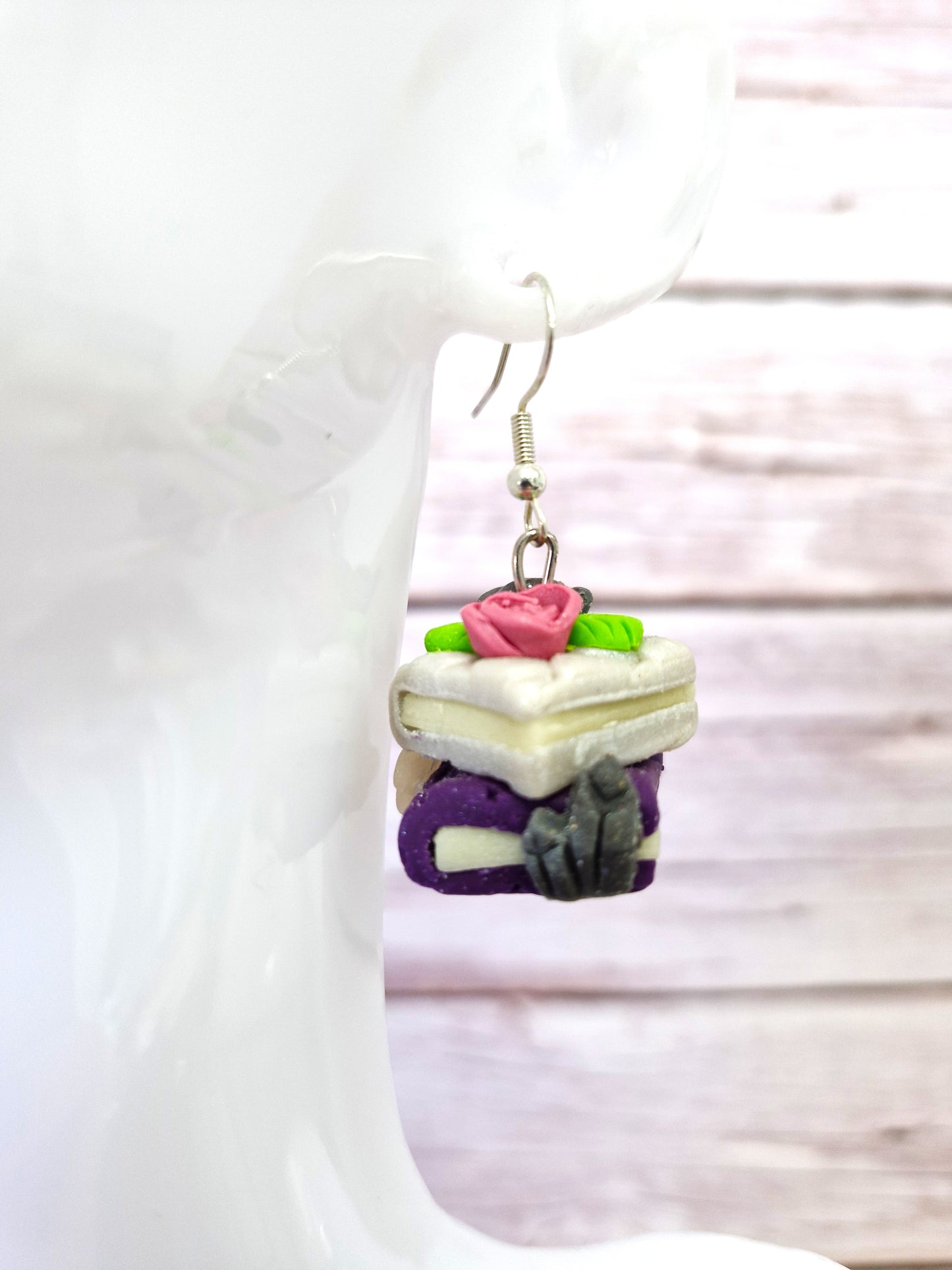 Dark Purple and Cream Bookstack with pink Rose and crystal Charms Dangle Earrings