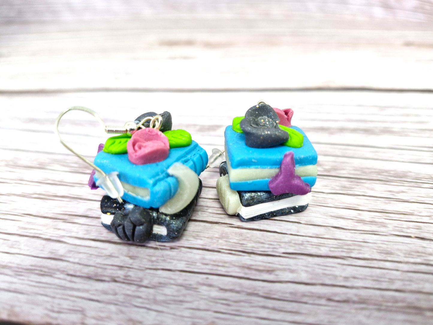 Blue and Black Bookstack Polymer Clay Earrings