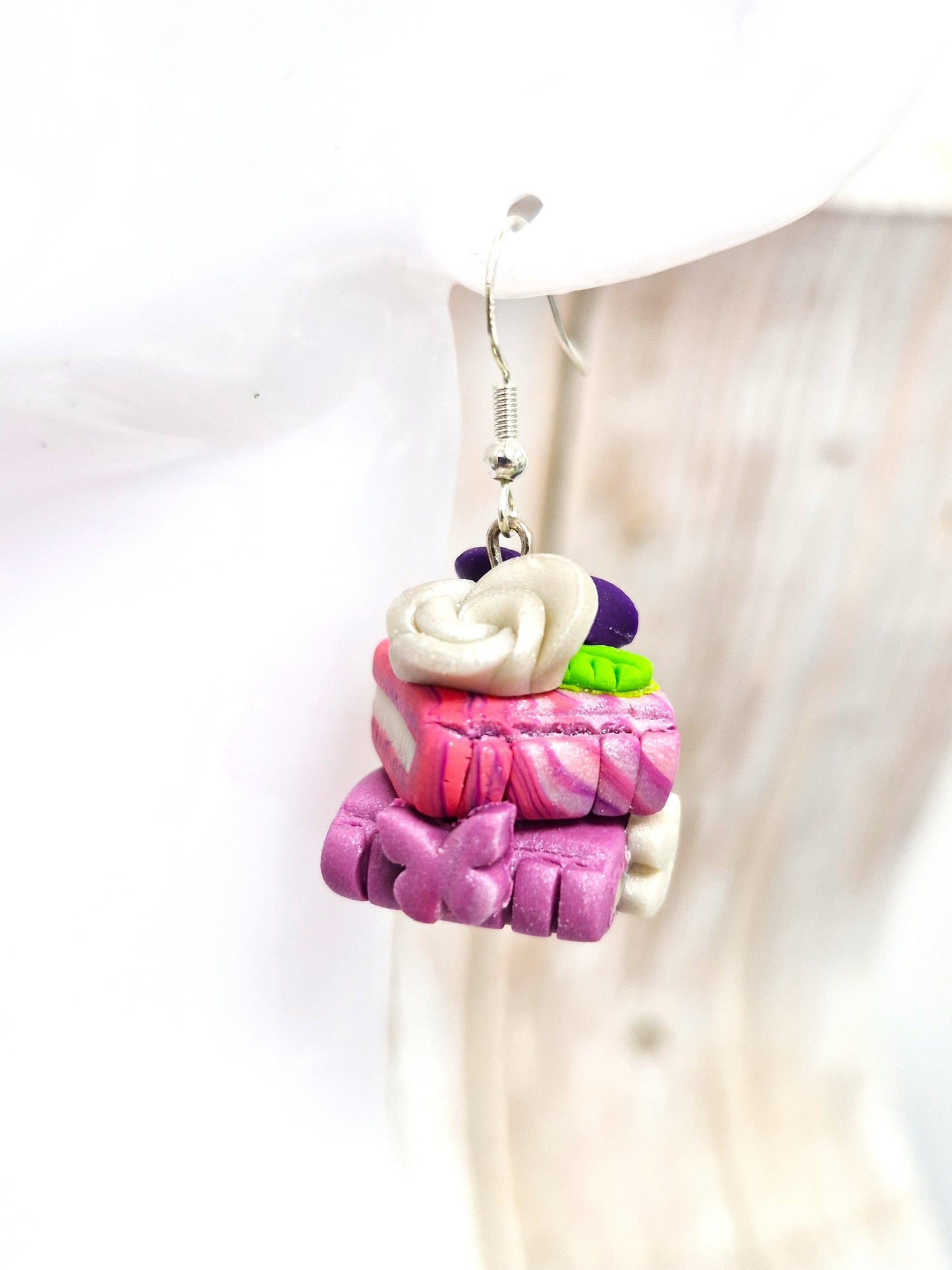 Double Delicate Pink and Lilac Bookstack Rose dangle earrings