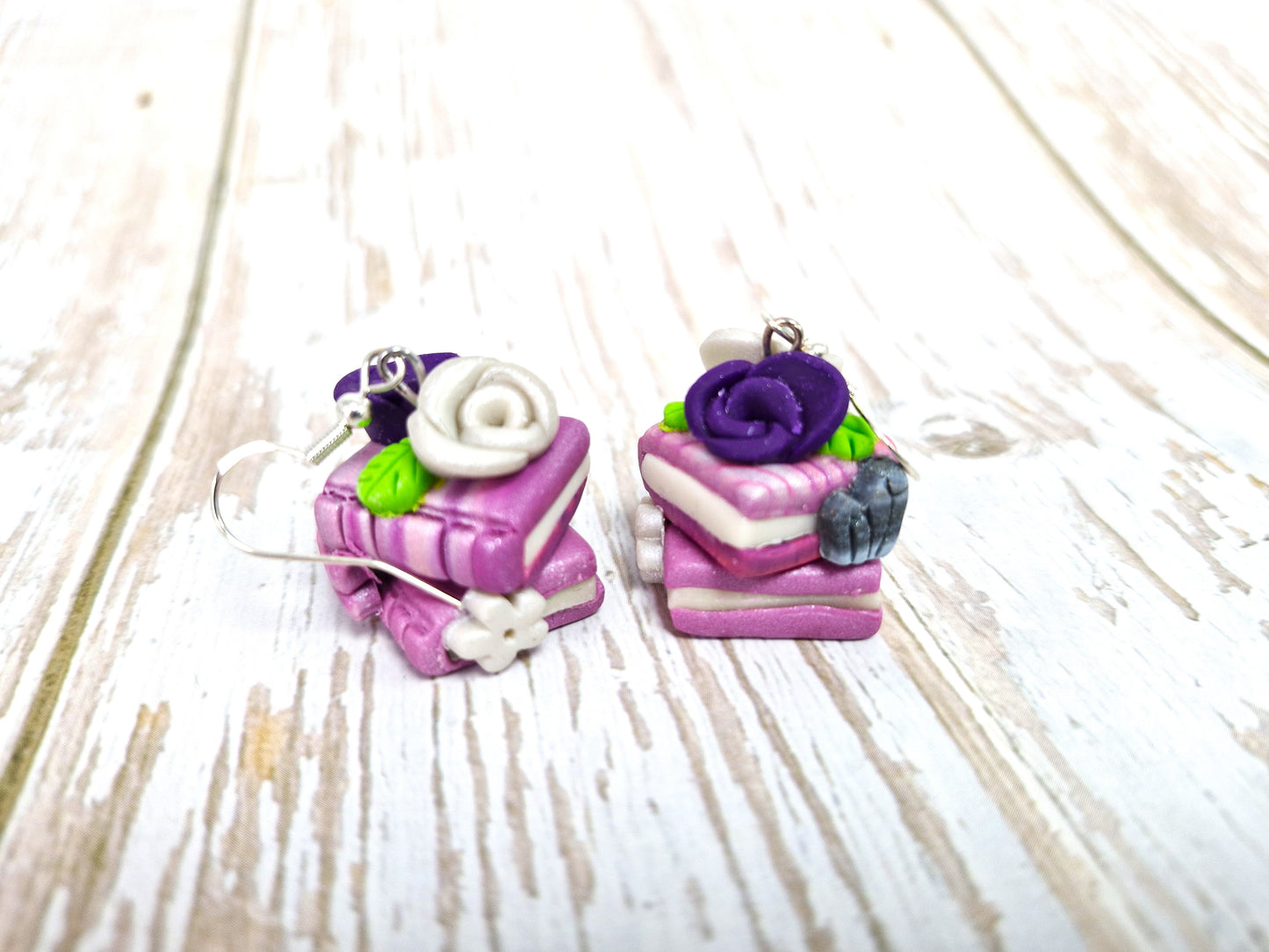 Double Delicate Pink and Lilac Bookstack Rose dangle earrings