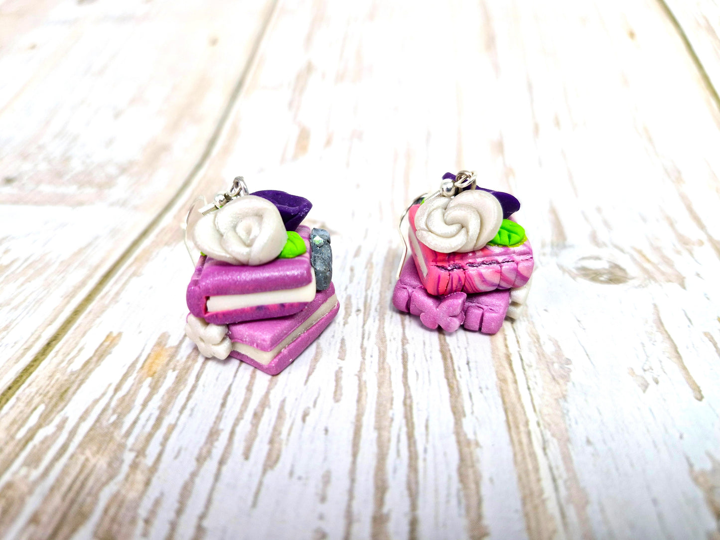 Double Delicate Pink and Lilac Bookstack Rose dangle earrings