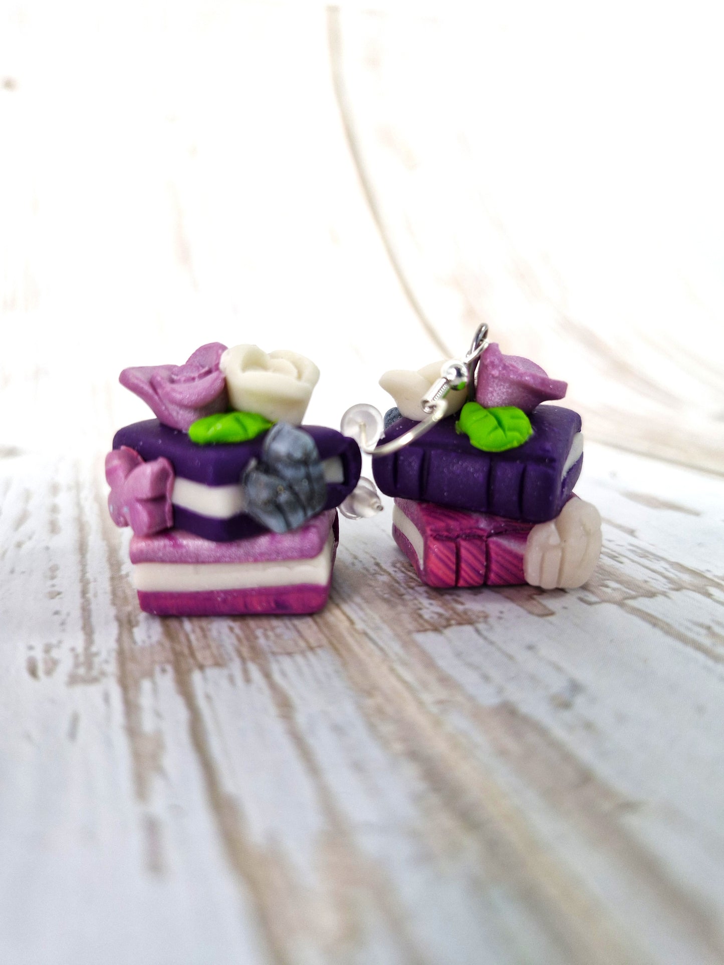 Polymer clay Purple and Pink Delicate Bookstack Rose and butterfly Earrings