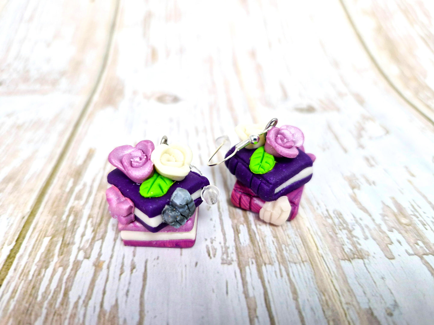 Polymer clay Purple and Pink Delicate Bookstack Rose and butterfly Earrings