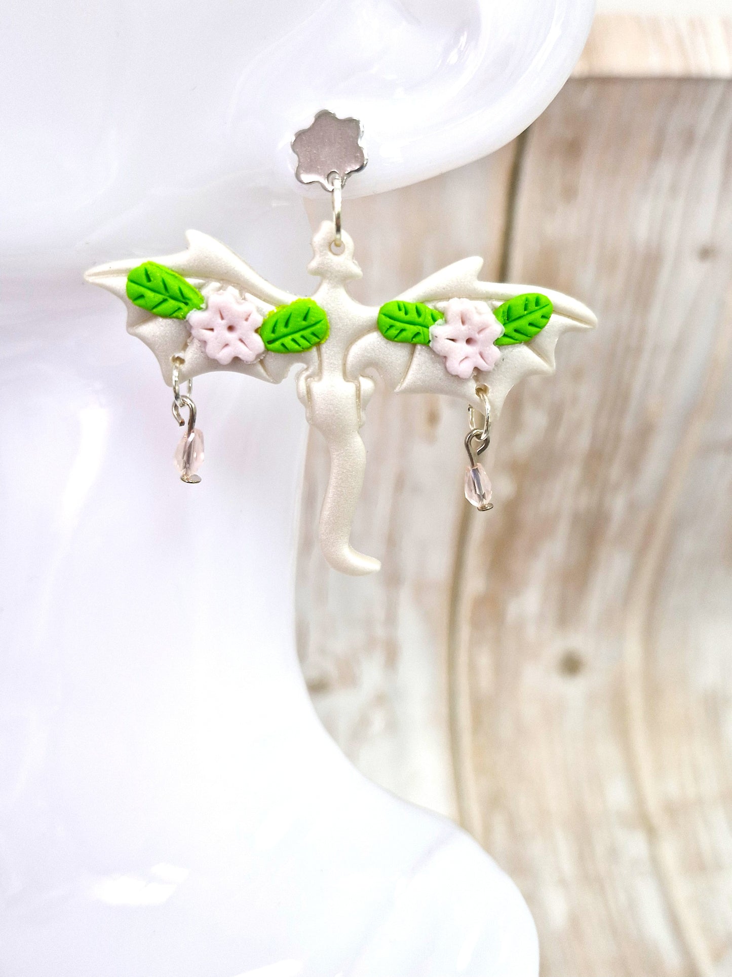 Cream Large Dragon Polymer Clay Earrings With Crystals
