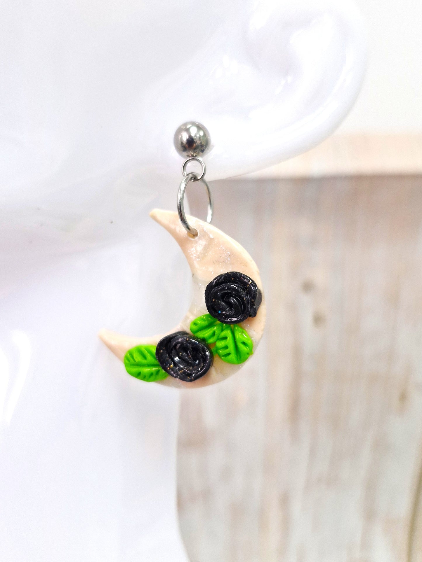 Crescent Cream Black Rose Polymer Clay Dangle Earrings