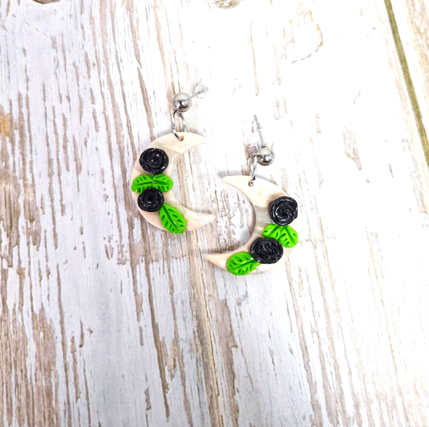 Crescent Cream Black Rose Polymer Clay Dangle Earrings